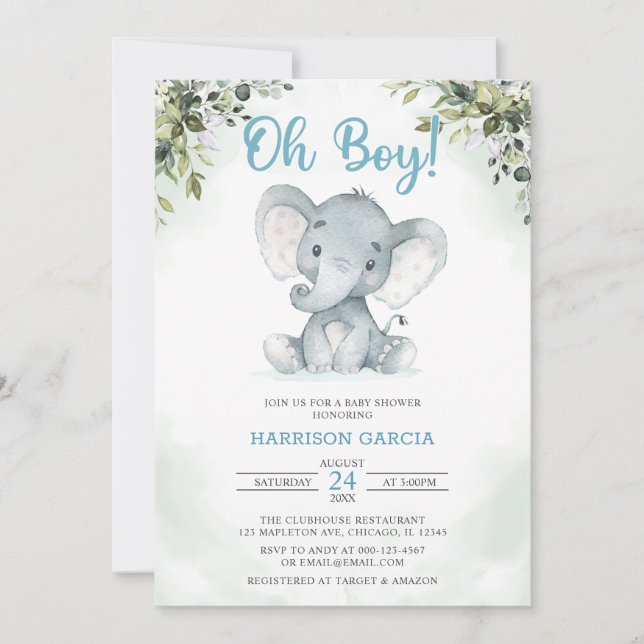 Blue Oh Boy Cute Elephant Baby Shower-inbjudan Inbjudningar (Framsida)