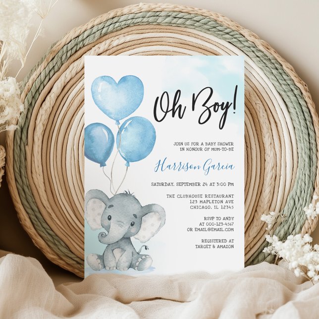 Blue Oh Boy Elephant Watercolor Baby Shower Inbjudningar (Skapare uppladdad)