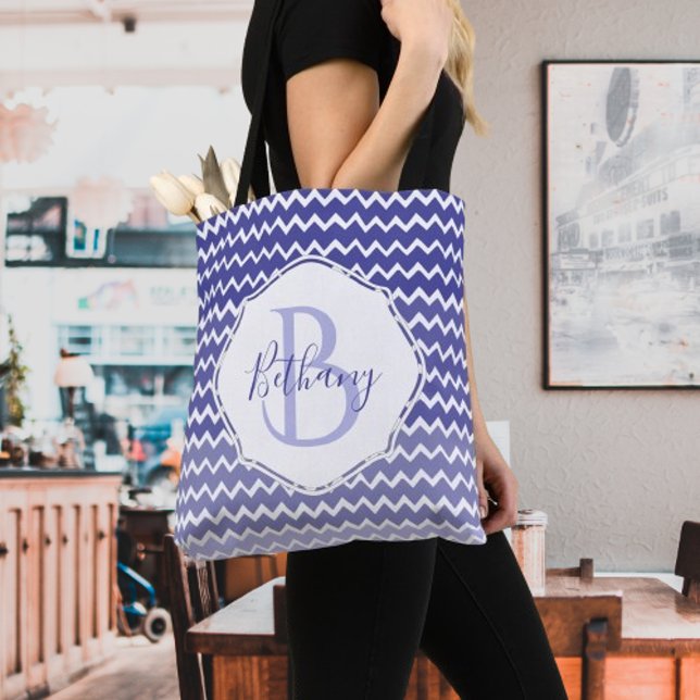 Blue Ombre Chevron Personlig Tote Bag Tygkasse (Blue Ombre Chevron Personalized Monogram Tote Bag)