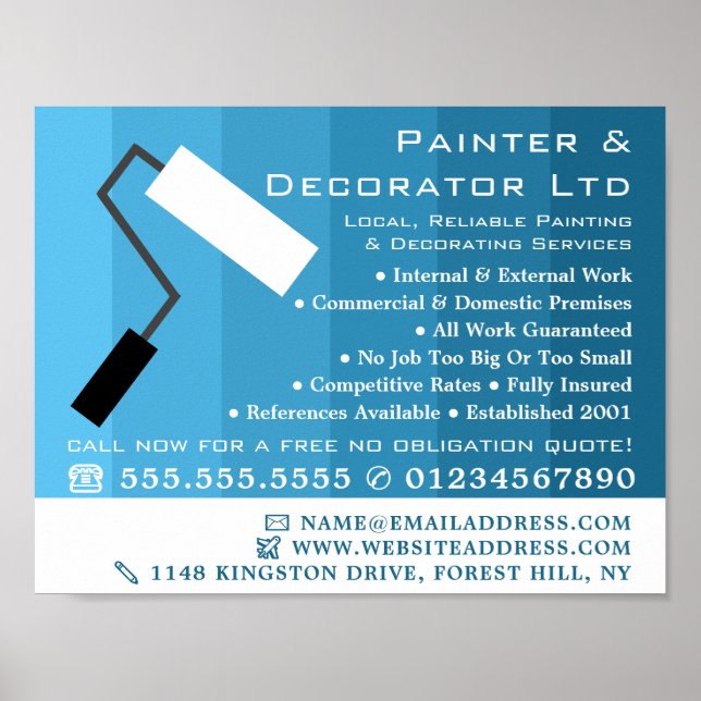 Blue Ombre & Paint Roller, Painter & Decorator Poster (Framsidan)