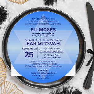 Blue Ombre Star of David Hebrew Namn Pub Mitzvah Inbjudningar