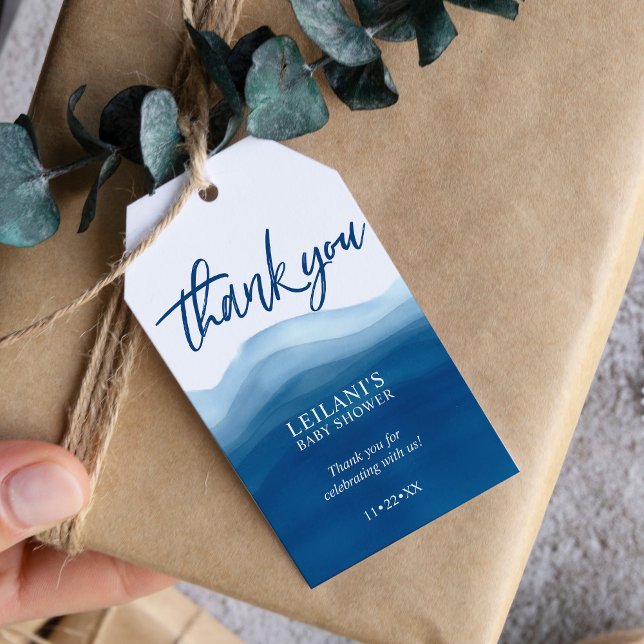 Blue Ombre Watercolor Baby Shower Presentetikett (This thank you gift tag has nautical design and features a watercolor blue ombre background.)