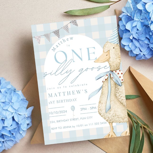 Blue One Fånig Goose Gingham 1:a födelsedagen Inbjudningar (Blue One Silly Goose Gingham 1st Birthday Invitation)