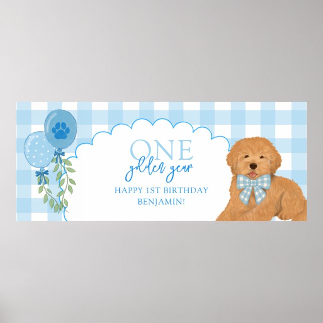 Blue One Golden Year Doodle Puppy 1st Birthday Poster (Framsidan)