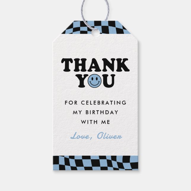 Blue One Lycklig Boy 1st Birthday Tack Presentetikett (Framsidan)