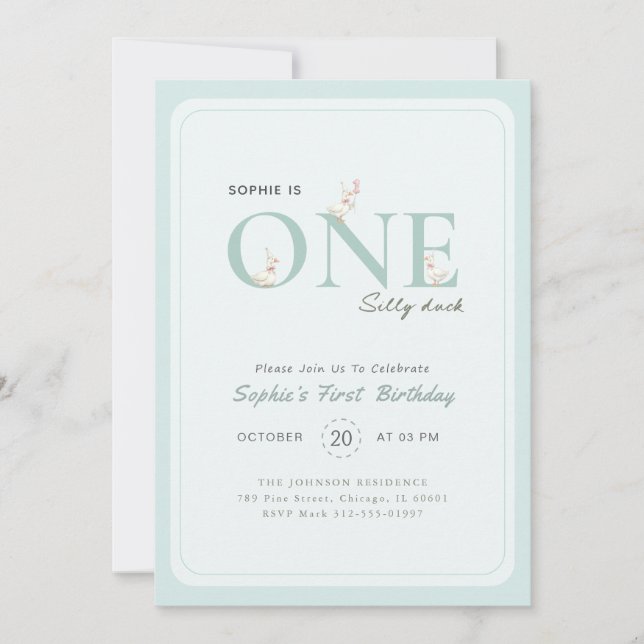 Blue One Silly Duck Bow Baby First Birthday Inbjudningar (Framsida)
