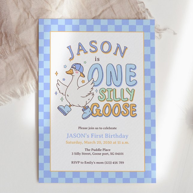 Blue One Silly Goose - Retro Boy First Birthday Inbjudningar (Blue One Silly Goose - Retro Boy First Birthday Invitation. Blue checkered style design.)
