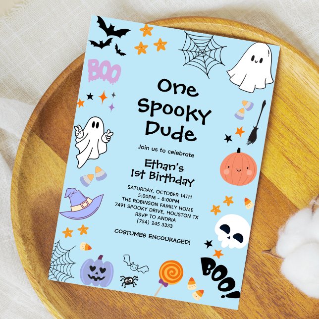 Blue One Spooky Killen Ghost Halloween 1 födelseda Inbjudningar (Blue One Spooky Dude Cute Ghost Boy Halloween 1st Birthday Invitation )