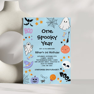Blue One Spooky Year Ghost Halloween 1 Birthday Inbjudningar