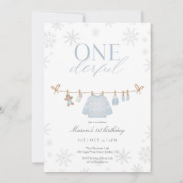 Blue ONEderful Winter First Birthday-inbjudan Tack Kort