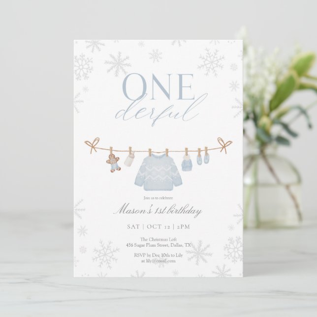 Blue ONEderful Winter First Birthday-inbjudan Tack Kort (Stående Fram)