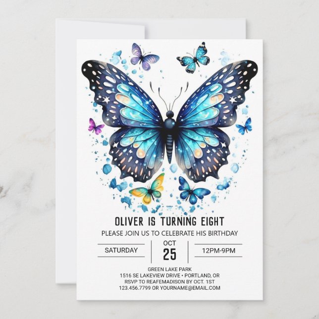 Blue Online Butterfly Boy Birthday Inbjudningar (Framsida)