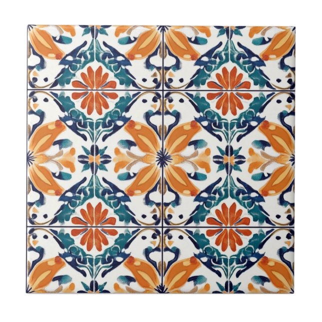Blue Orange and Yellow Pattern Ceramic Tile Kakelplatta (Framsidan)