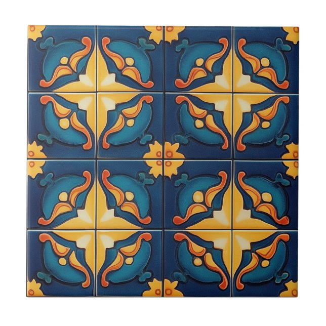 Blue Orange and Yellow Pattern Ceramic Tile Kakelplatta (Framsidan)