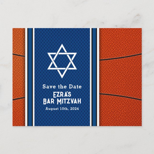 Blue Orange Basketball Pub Mitzvah Spara datum Vykort (Framsida)