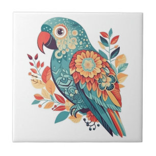 Blue Orange Blommigt Boho Parrot Folk Art Kakelplatta