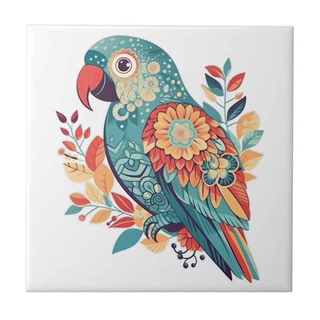Blue Orange Blommigt Boho Parrot Folk Art Kakelplatta (Framsidan)