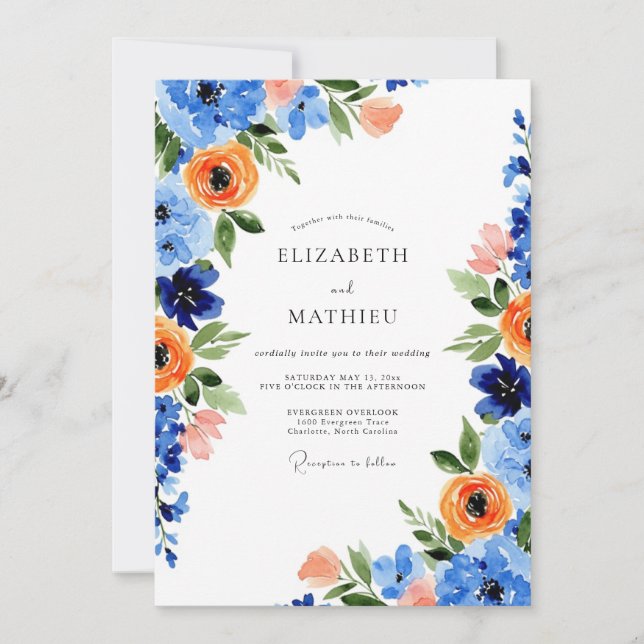 Blue Orange Blooming Spring Wedding Inbjudningar (Framsida)