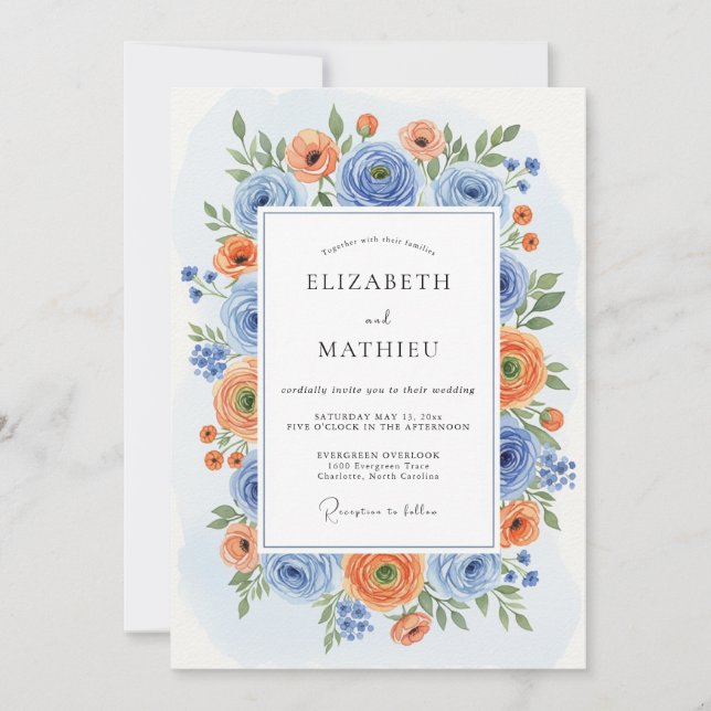 Blue Orange Blossom Romance Wedding Inbjudningar (Framsida)