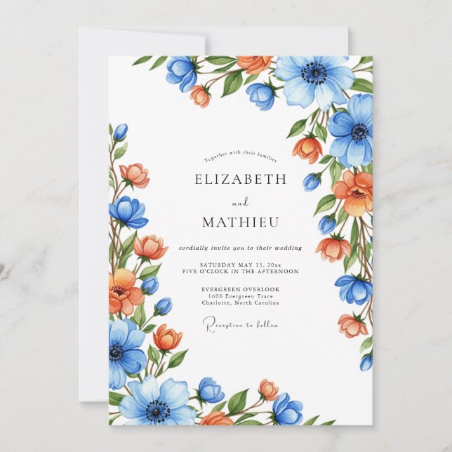 Blue Orange Botanical Romance Wedding Inbjudningar (Framsida)
