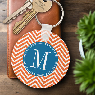 Blue & Orange Chevron Mönster med Monogram Nyckelring