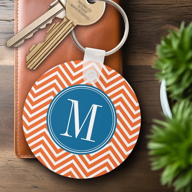 Blue & Orange Chevron Mönster med Monogram Nyckelring (Personalized Keychain - Add Name or Monogram)