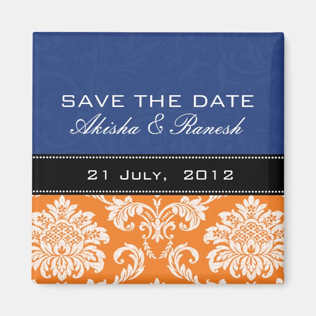 Blue Orange Damask Spara datum magneter (Framsidan)