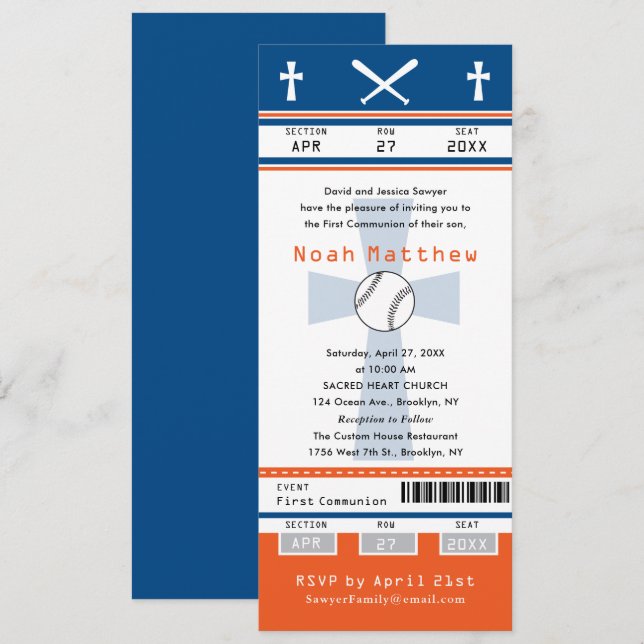 Blue Orange First Communion Baseball Biljett Inbjudningar (Fram/baksida)