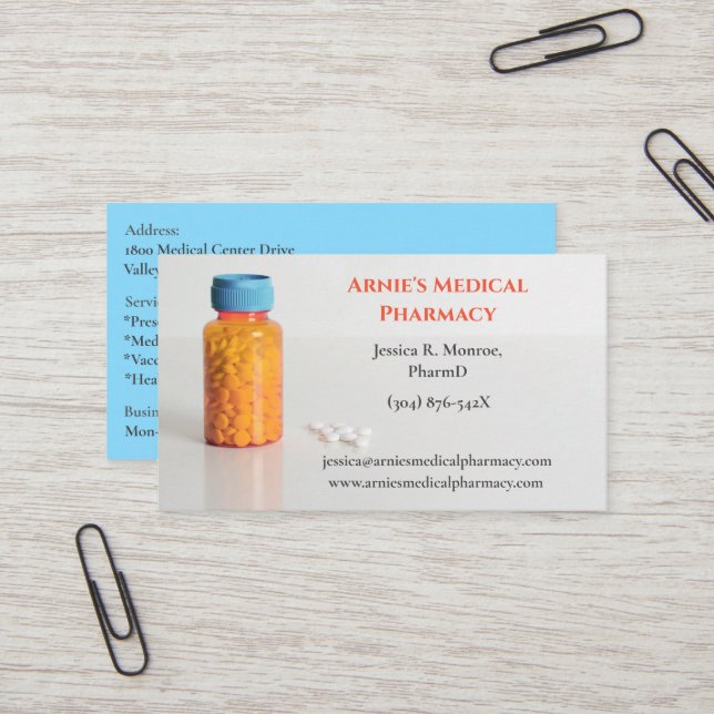 Blue Orange Flaska farmaceut Pharmacy Pills Visitkort (Fram/Back In Situ)