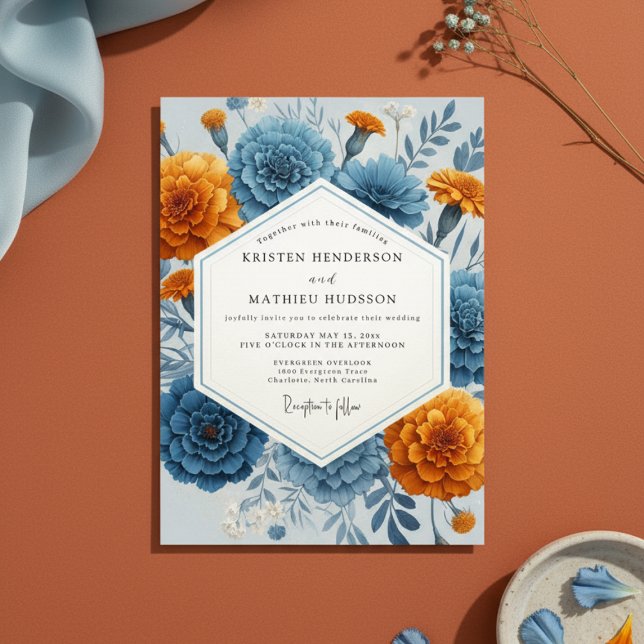 Blue Orange Floral Autumn Wedding Inbjudningar (Skapare uppladdad)