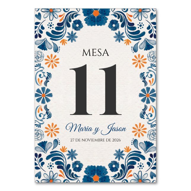 Blue Orange Floral Elegant Fiesta Spanish Wedding Bordsnummer (Framsidan)