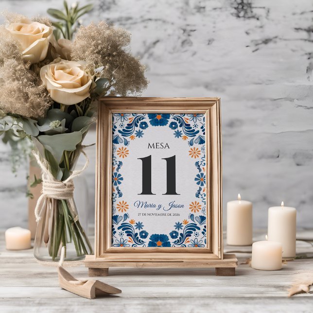 Blue Orange Floral Elegant Fiesta Spanish Wedding Bordsnummer (Blue Orange Floral Elegant Fiesta Spanish Wedding Table Number)