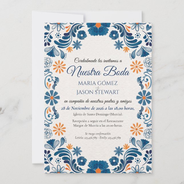 Blue Orange Floral Elegant Fiesta Spanish Wedding Inbjudningar (Framsida)