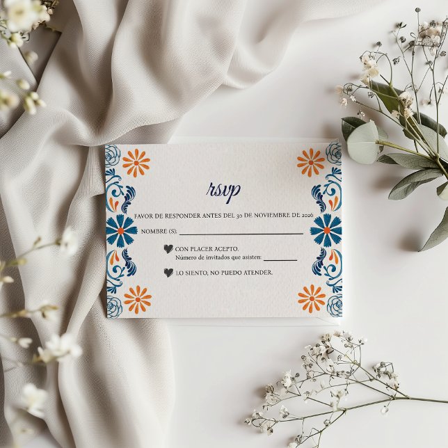 Blue Orange Floral Elegant Fiesta Spanish Wedding OSA Kort (Blue Orange Floral Elegant Fiesta Spanish Wedding RSVP Card)