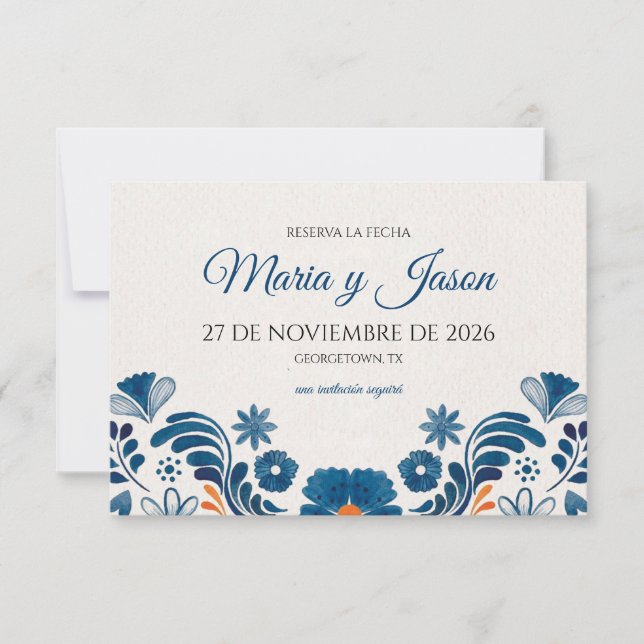 Blue Orange Floral Elegant Fiesta Spanish Wedding Spara Datumet (Framsida)