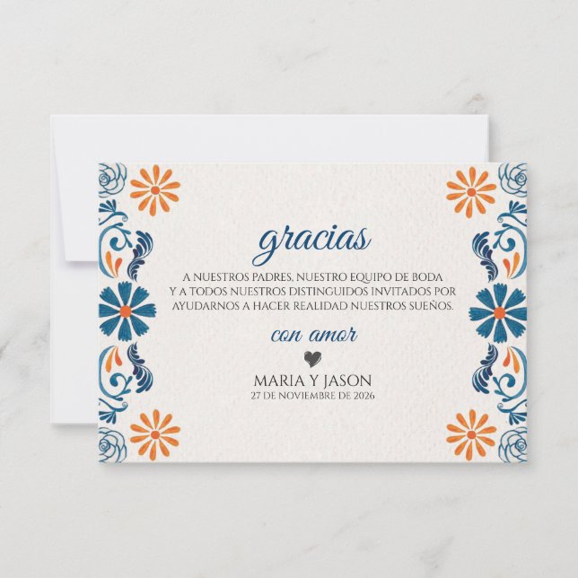 Blue Orange Floral Elegant Fiesta Spanish Wedding Tack Kort (Framsida)