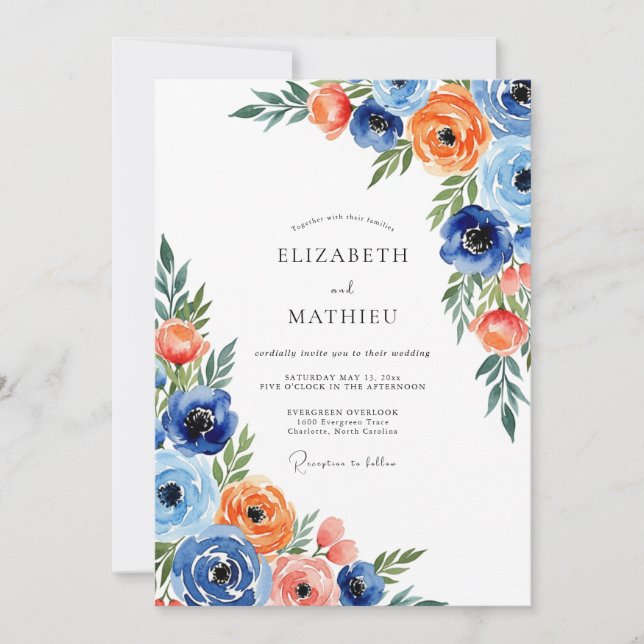 Blue Orange Floral Whimsical Wedding Inbjudningar (Framsida)