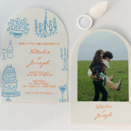 Blue Orange Hand Drawn Whimsical Arched Wedding Inbjudningar