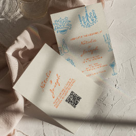 Blue Orange Hand Drawn Whimsical QR Code Wedding Inbjudningar