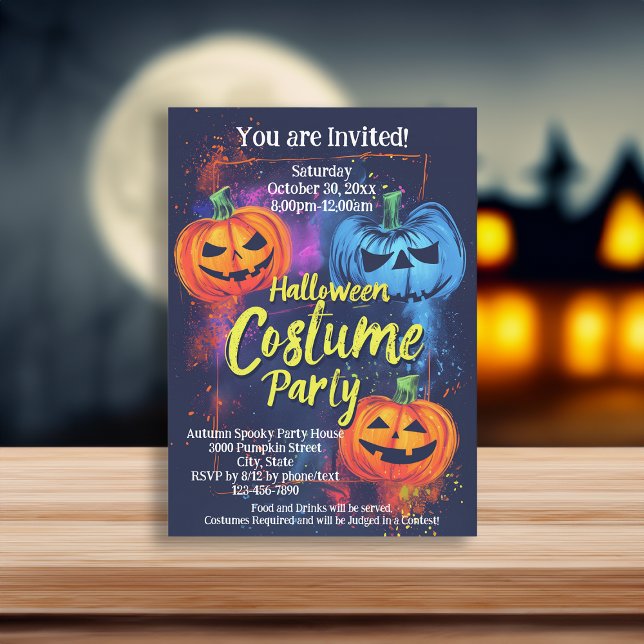 Blue Orange Jack-O-Lantern Halloween Costume Party Inbjudningar (orange blue pumpkin halloween costume party invitations)