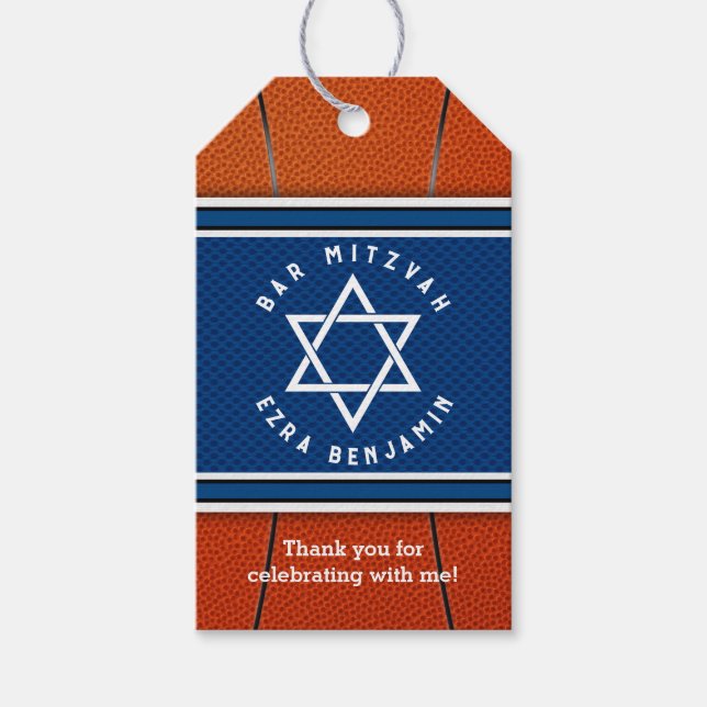 Blue Orange Jersey Basketball Pub Mitzvah Presentetikett (Framsidan)