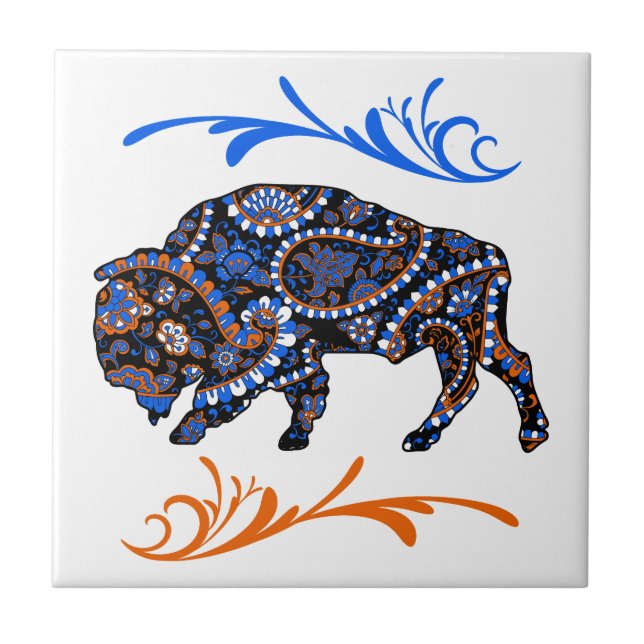 Blue Orange Mosaic Bison Art Kakelplatta (Framsidan)