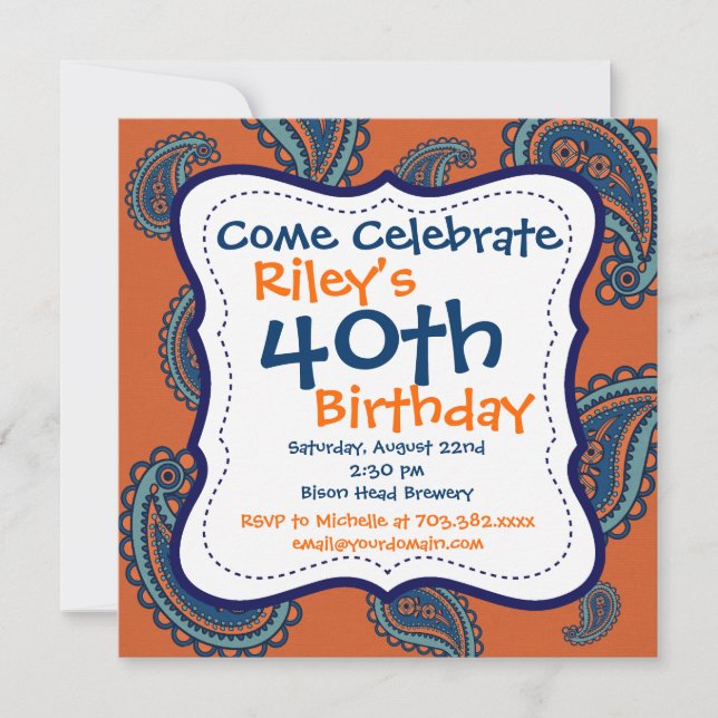 Blue Orange Paisley 40:e födelsedagsinbjudan Inbjudningar (Framsida)