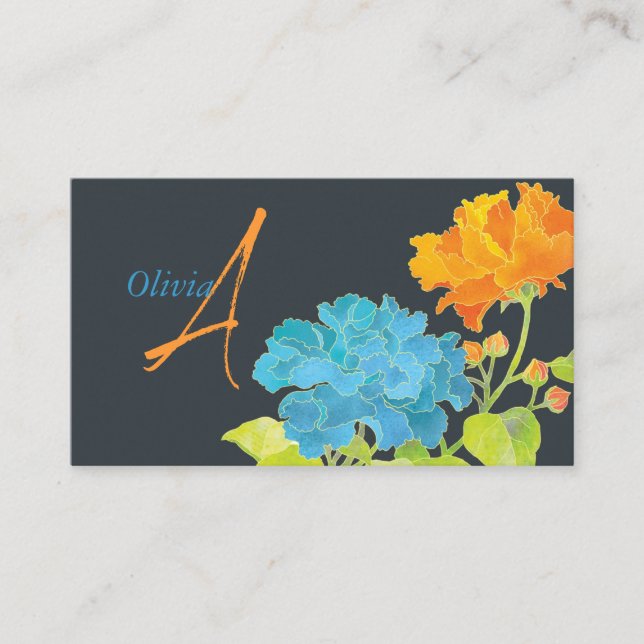Blue Orange Peony Monogram Visitkort (Framsida)