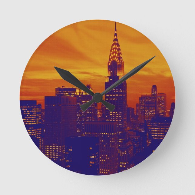 Blue Orange Pop Art New York City Rund Klocka (Framsida)