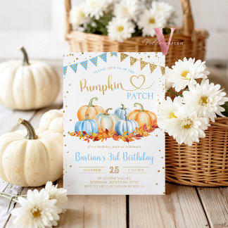 Blue Orange Pumpkin Patch Guld Glitter födelsedag Inbjudningar