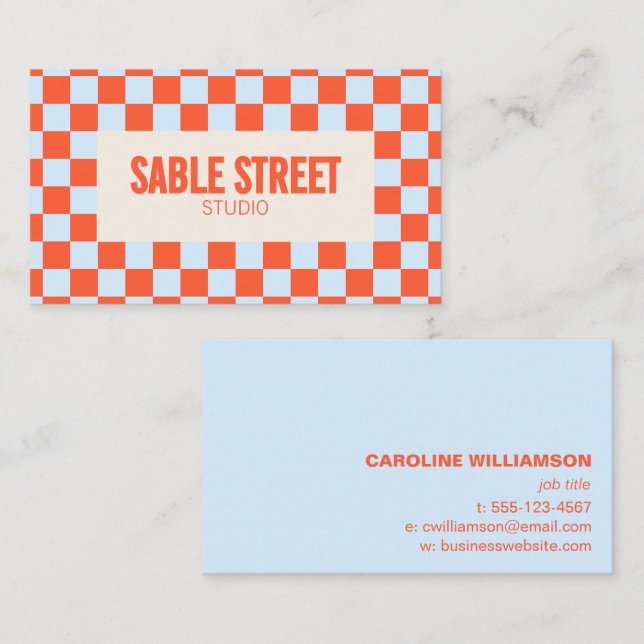 Blue Orange Retro Checkerboard Bold Creative Brand Visitkort (Fram/baksida)