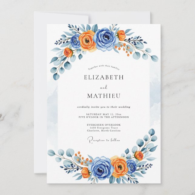 Blue Orange Romantic Bloom Wedding Inbjudningar (Framsida)