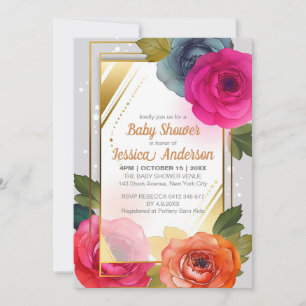 Blue Orange Rosa Blommigt Baby Shower Guld Ram Inbjudningar