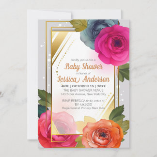 Blue Orange Rosa Blommigt Baby Shower Guld Ram Inbjudningar